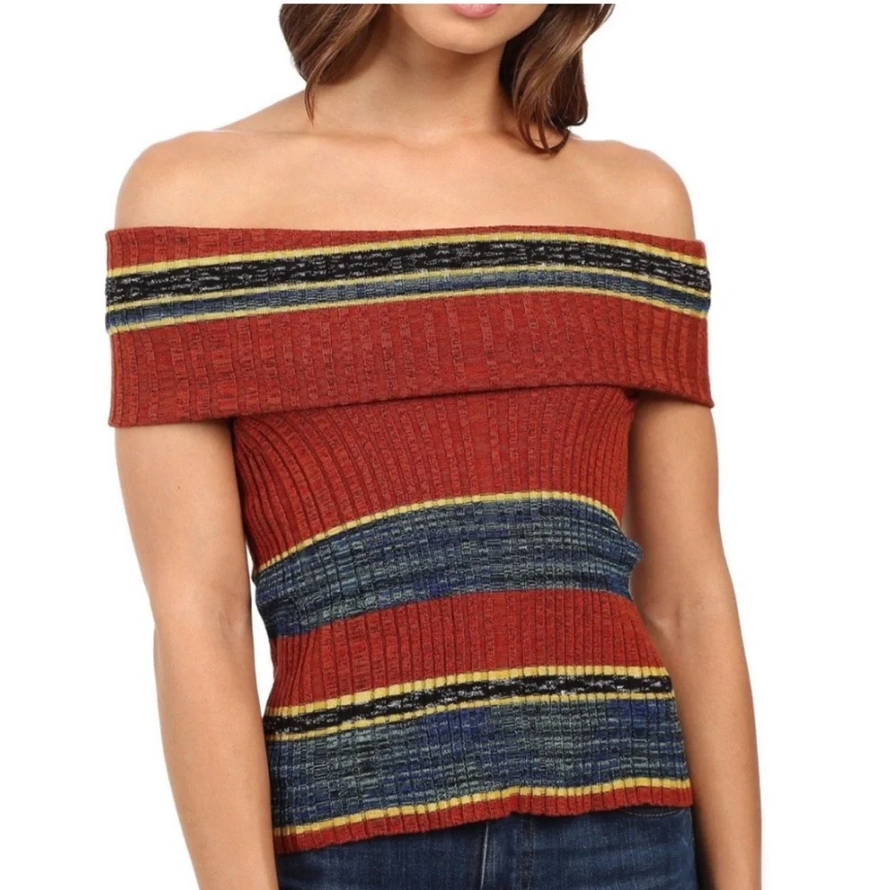 Free People Striped Carly Cowl Neck Ribbed Tank Top Sweater Orange Size Small